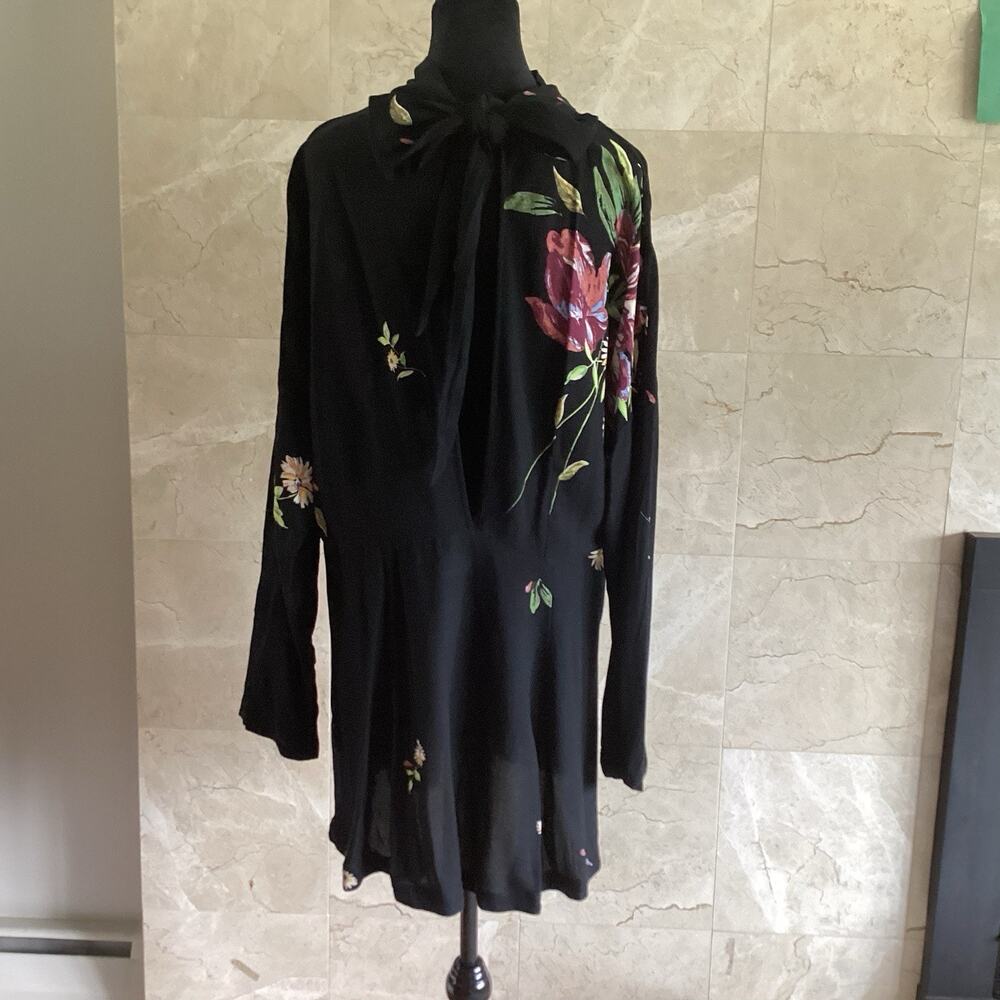 Free People Gemma Black Floral Mini Dress Large Dolman Mock Neck Tunic Fall $108 - Picture 10 of 15